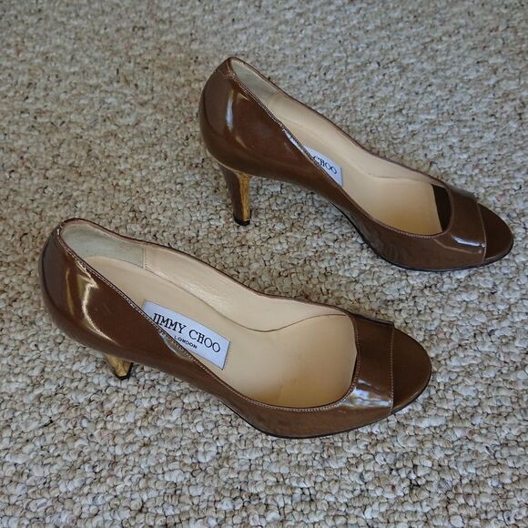 Jimmy Choo MOCHA BROWN WITH GOLD tone heels size 37 - Picture 1 of 11